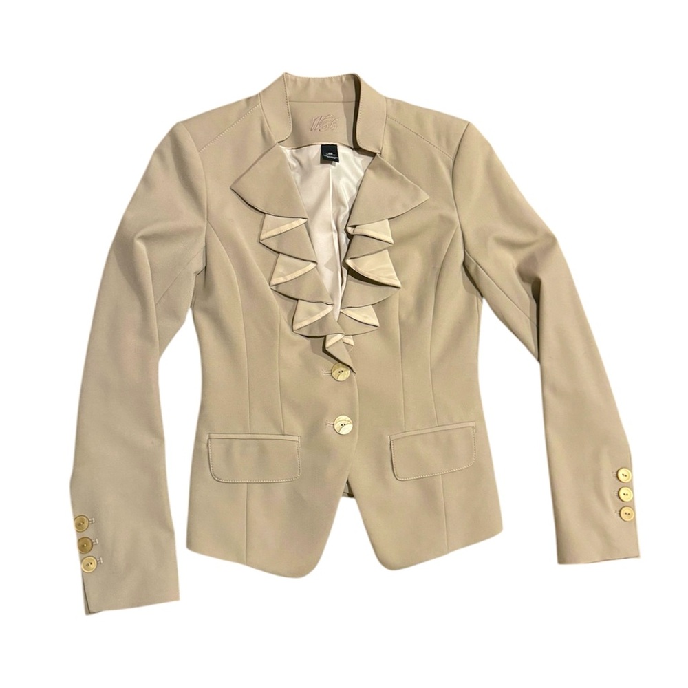 Wolf & Badger Women Tan Ruffle Lapel Mock Neck Long Sleeves Padded Blazer Jacket